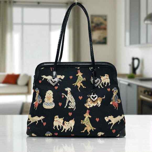 Vintage Brighton Dog Print Tapestry Leather Large Shoulder Bag Tote Heart Charms - Picture 1 of 7
